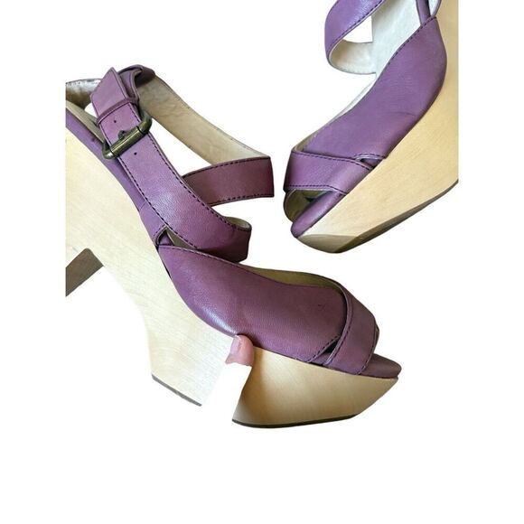 Farylrobin Anthropologie Chunky Wooden Heel Sandals size 9 Purple Leather - Picture 6 of 12